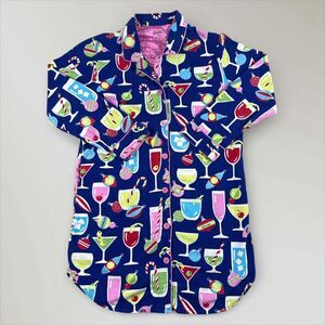 Nick & Nora Holiday Cocktails Flannel Blue Nightgown Pockets Size Large
